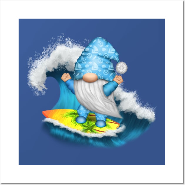 Gnome Surfer Dude with Surfboard and Wave Wall Art by Imp's Dog House